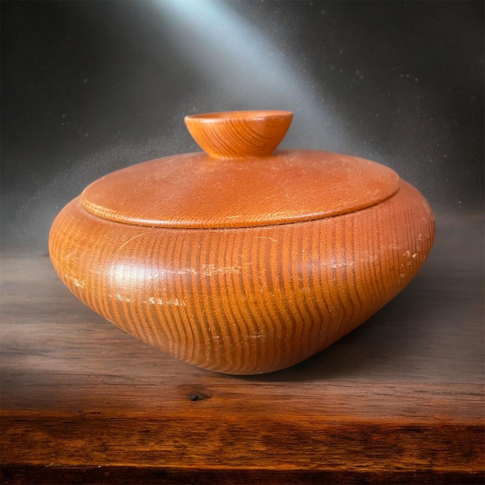 Vintage Fischer Wismar Turned Wood Lidded Bowl Mid Century Modern German Decor